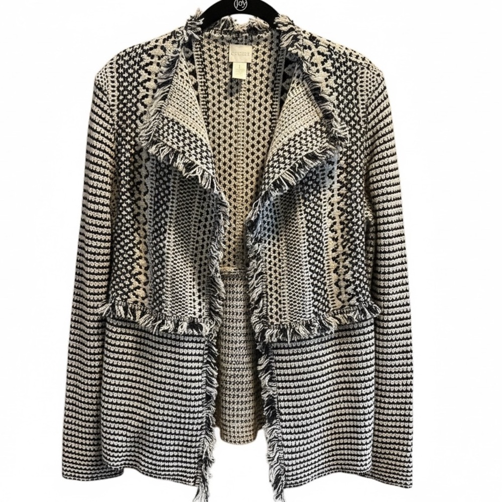 Chico’s Open Front Jacket Cream and Blue Fringe Southwestern Boho Size Medium
